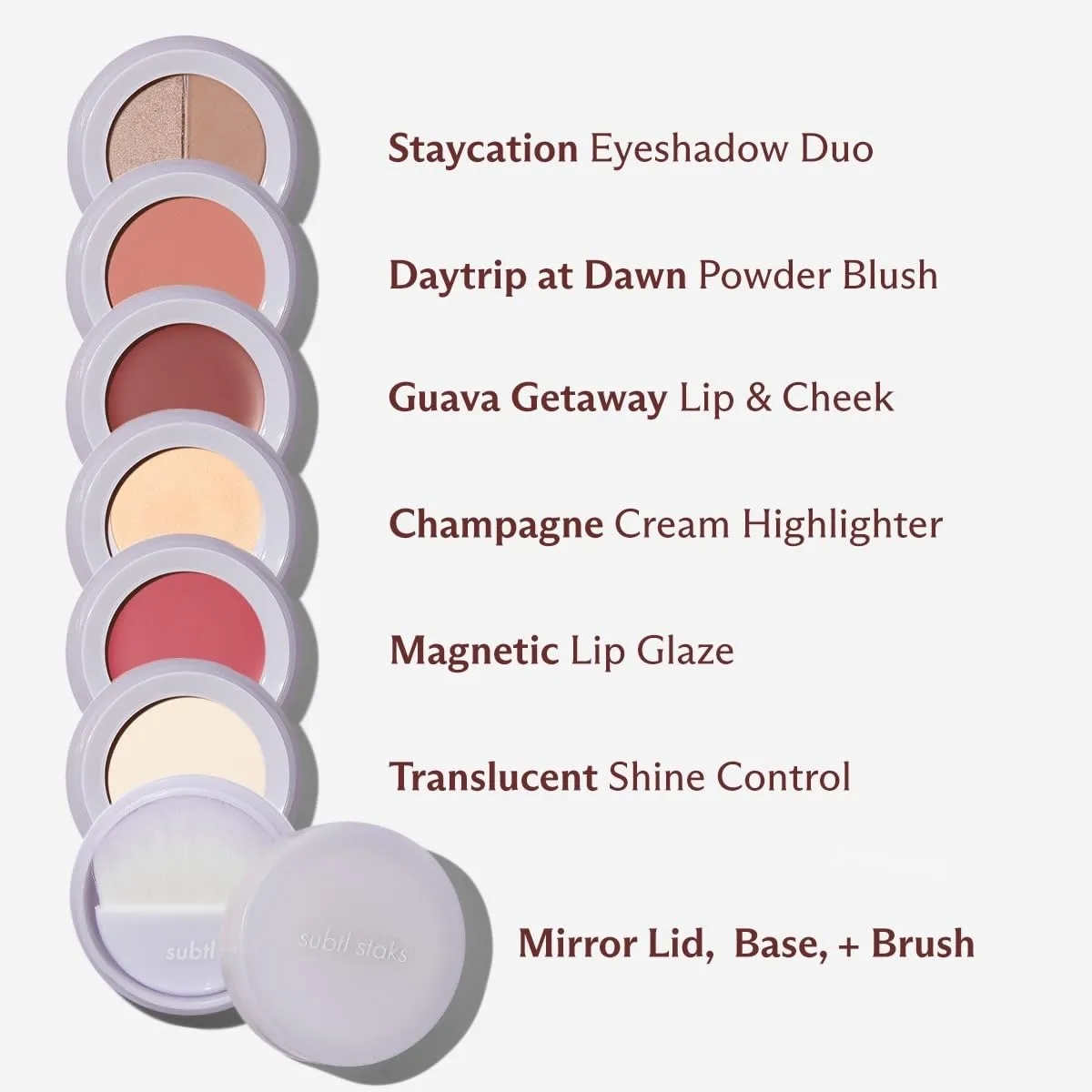 6-in-1 Stackable Travel Makeup Kit by Subtl Beauty | New Lip Glaze, Eyeshadow, Highlighter, Lip   Cheek, Blush, Shine Control | Includes Mirror & Brush | Compact Makeup for On the Go