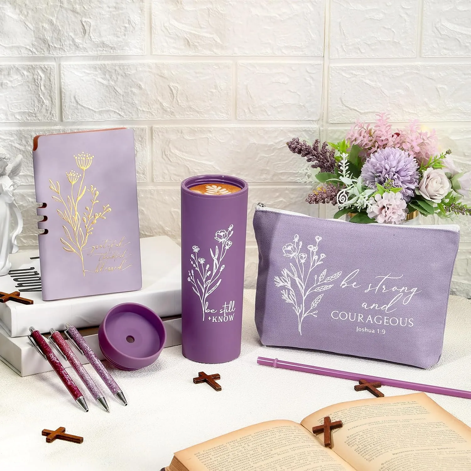 6 Pcs Christian Gift for Women Includes Bible Religious Notebook and Pens Set Be Still and Know Tumbler Be Strong and Courageous Makeup Bag Scripture Faith Gift for Women