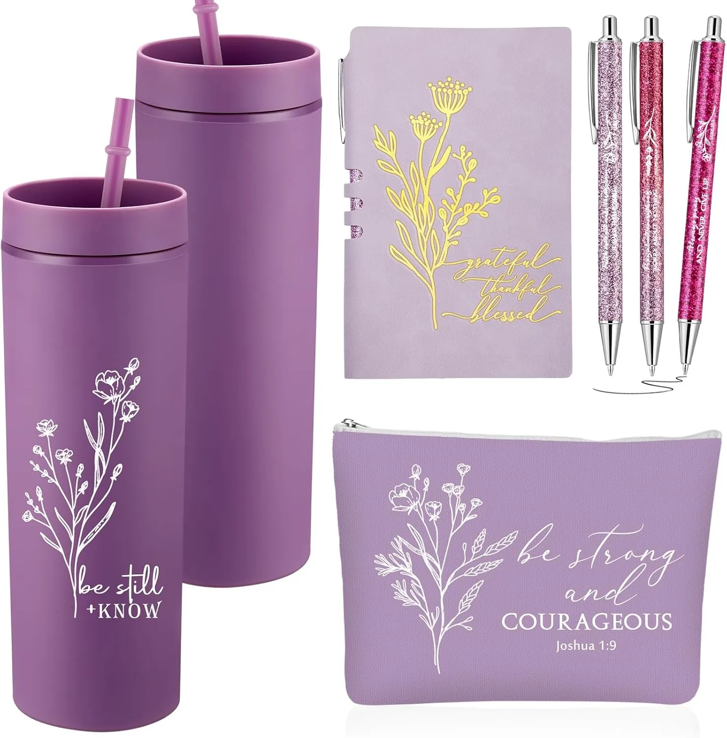 6 Pcs Christian Gift for Women Includes Bible Religious Notebook and Pens Set Be Still and Know Tumbler Be Strong and Courageous Makeup Bag Scripture Faith Gift for Women