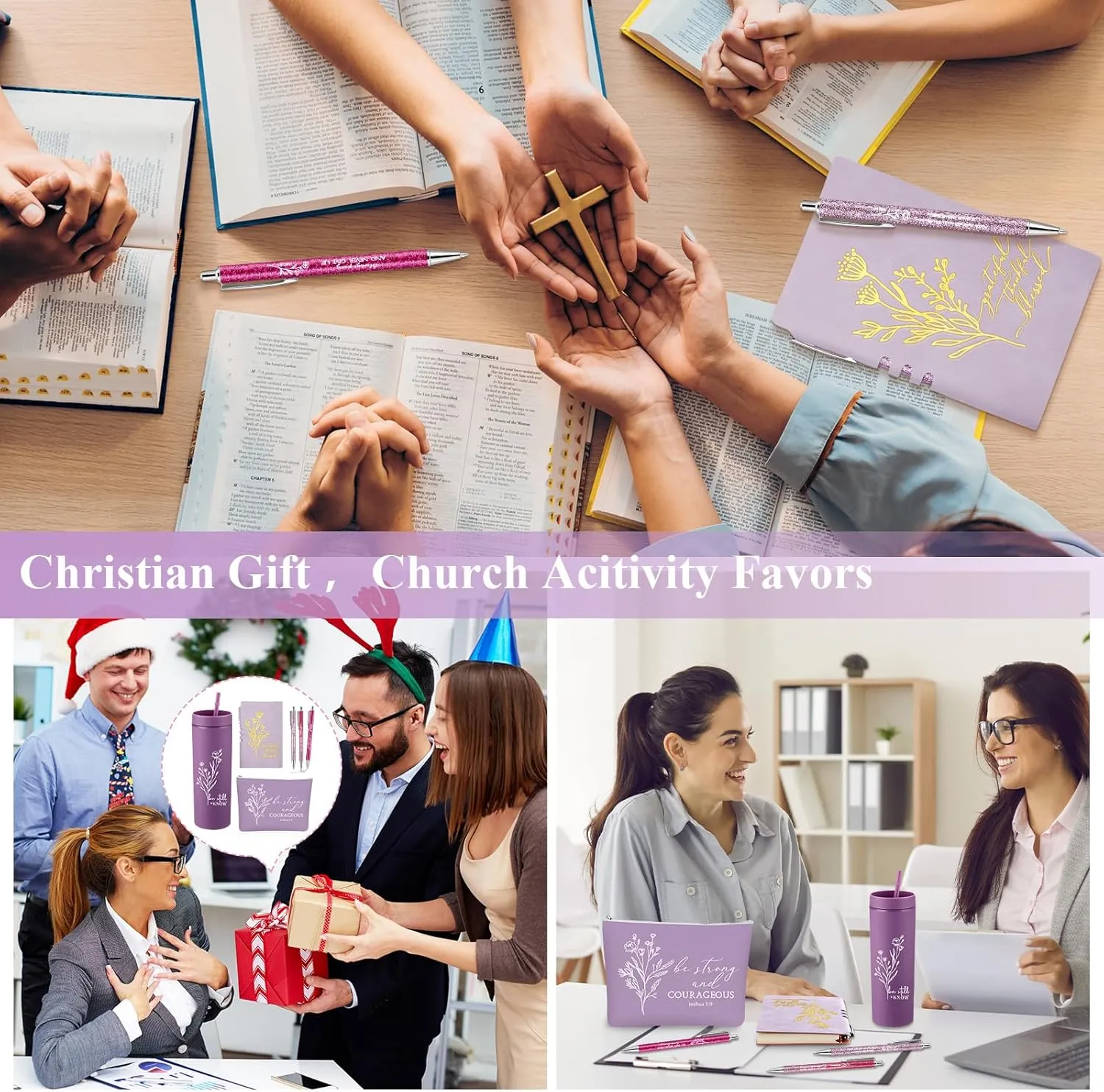 6 Pcs Christian Gift for Women Includes Bible Religious Notebook and Pens Set Be Still and Know Tumbler Be Strong and Courageous Makeup Bag Scripture Faith Gift for Women