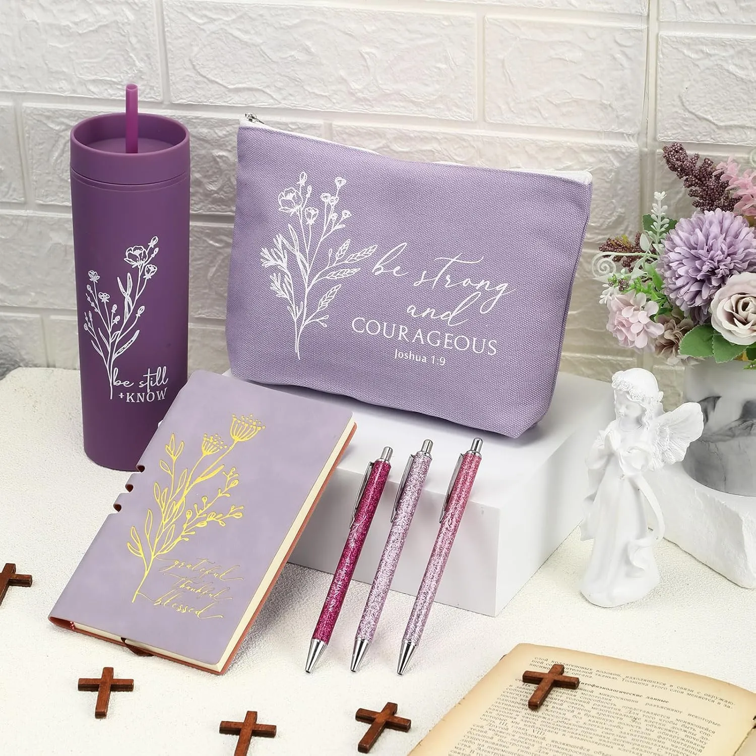 6 Pcs Christian Gift for Women Includes Bible Religious Notebook and Pens Set Be Still and Know Tumbler Be Strong and Courageous Makeup Bag Scripture Faith Gift for Women