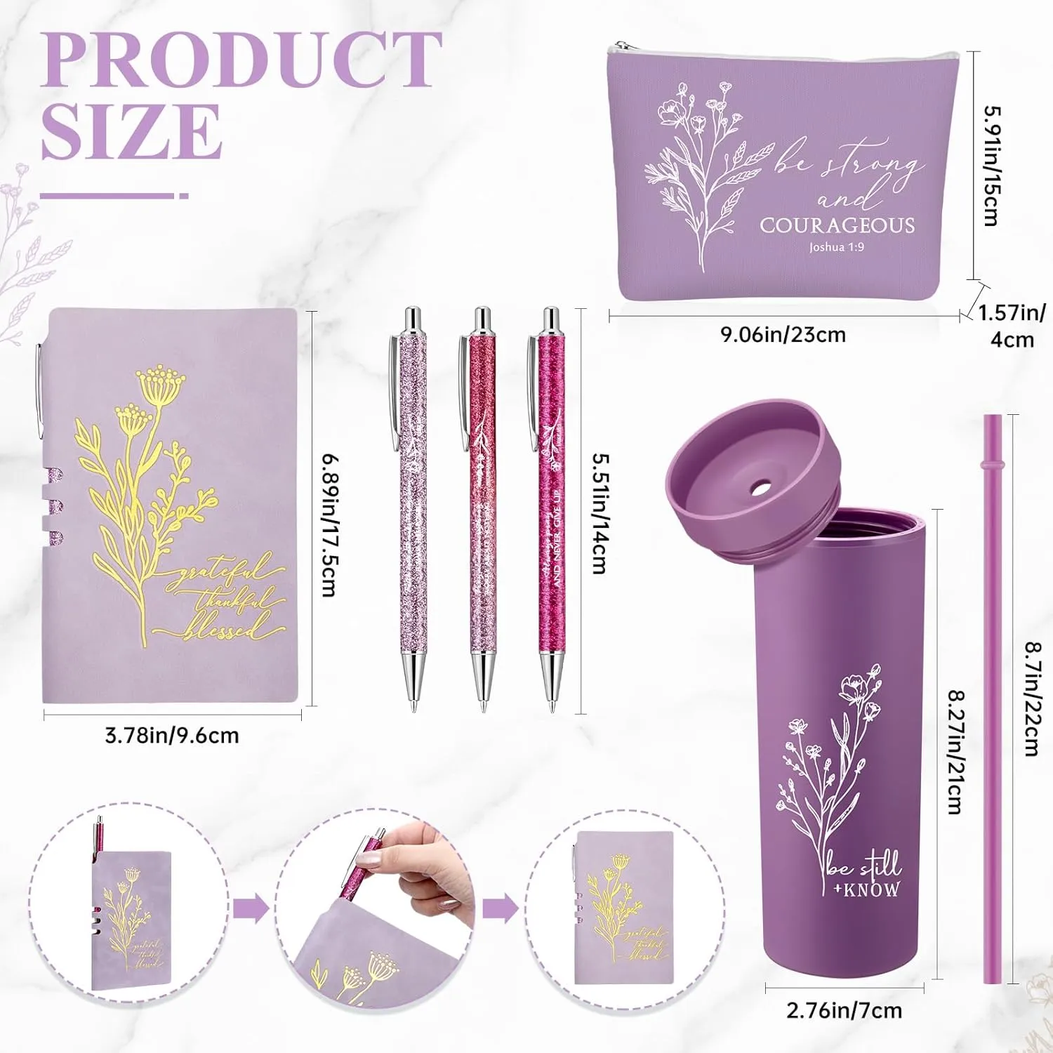 6 Pcs Christian Gift for Women Includes Bible Religious Notebook and Pens Set Be Still and Know Tumbler Be Strong and Courageous Makeup Bag Scripture Faith Gift for Women