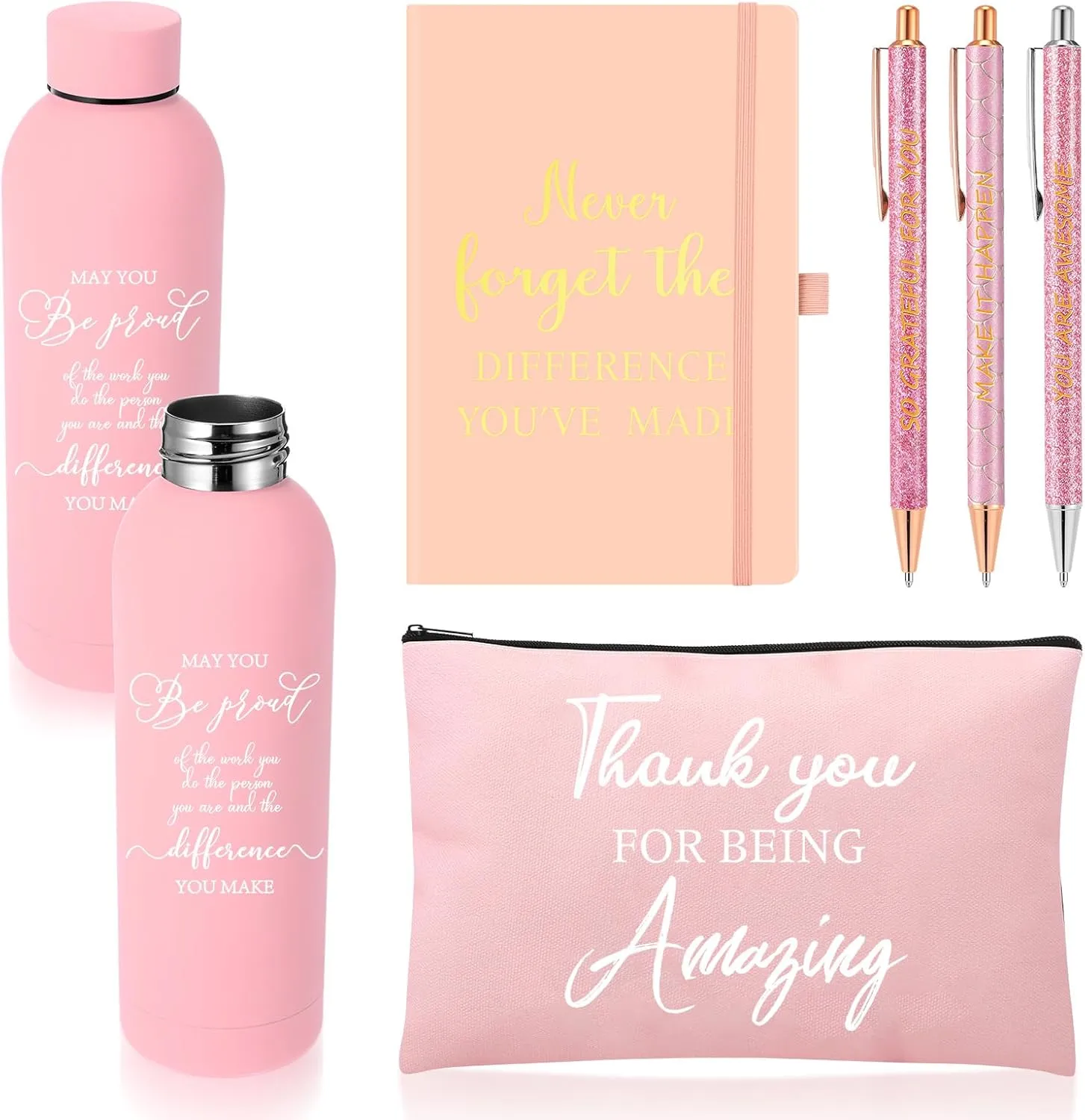 6 Pcs Employee Appreciation Gift Set 17 oz Stainless Steel Frosted Water Bottle Makeup Bag Notebook Ballpoint Pens Graduation Thank You Gift for Teacher Nurse Colleague Social Worker