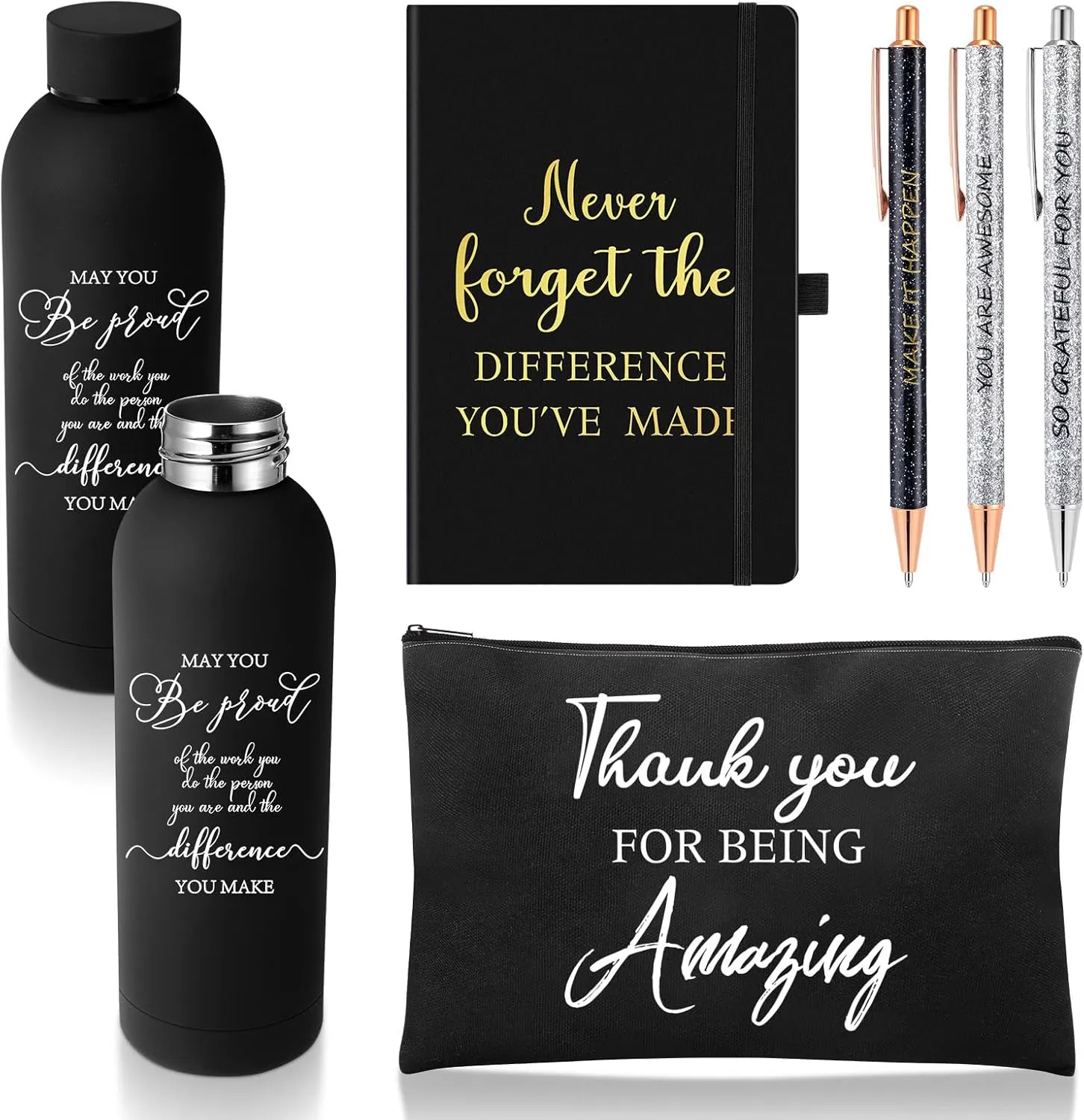 6 Pcs Employee Appreciation Gift Set 17 oz Stainless Steel Frosted Water Bottle Makeup Bag Notebook Ballpoint Pens Graduation Thank You Gift for Teacher Nurse Colleague Social Worker