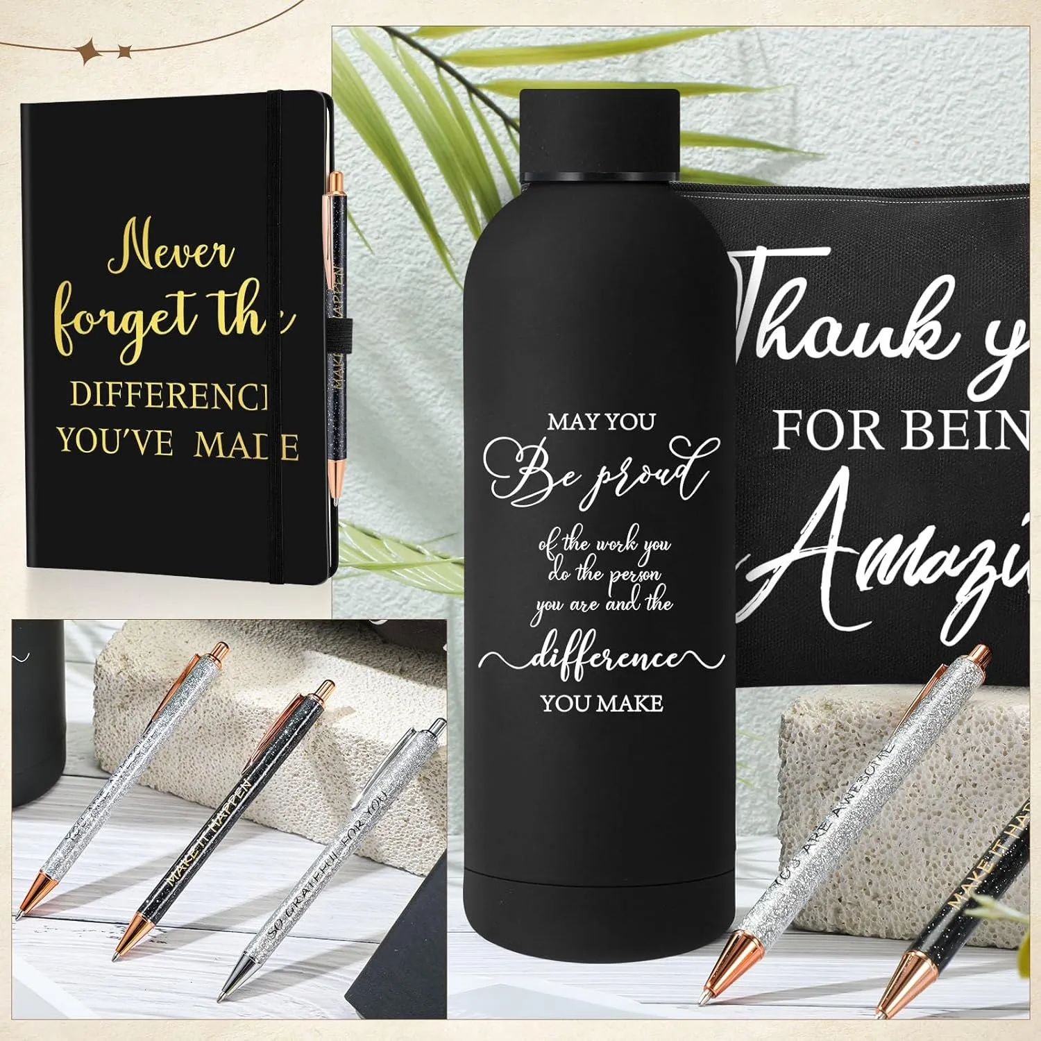 6 Pcs Employee Appreciation Gift Set 17 oz Stainless Steel Frosted Water Bottle Makeup Bag Notebook Ballpoint Pens Graduation Thank You Gift for Teacher Nurse Colleague Social Worker
