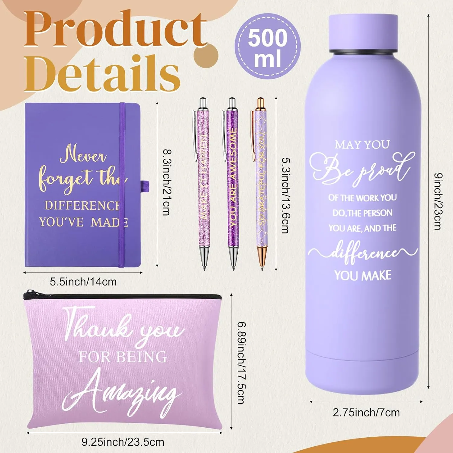 6 Pcs Employee Appreciation Gift Set 17 oz Stainless Steel Frosted Water Bottle Makeup Bag Notebook Ballpoint Pens Graduation Thank You Gift for Teacher Nurse Colleague Social Worker