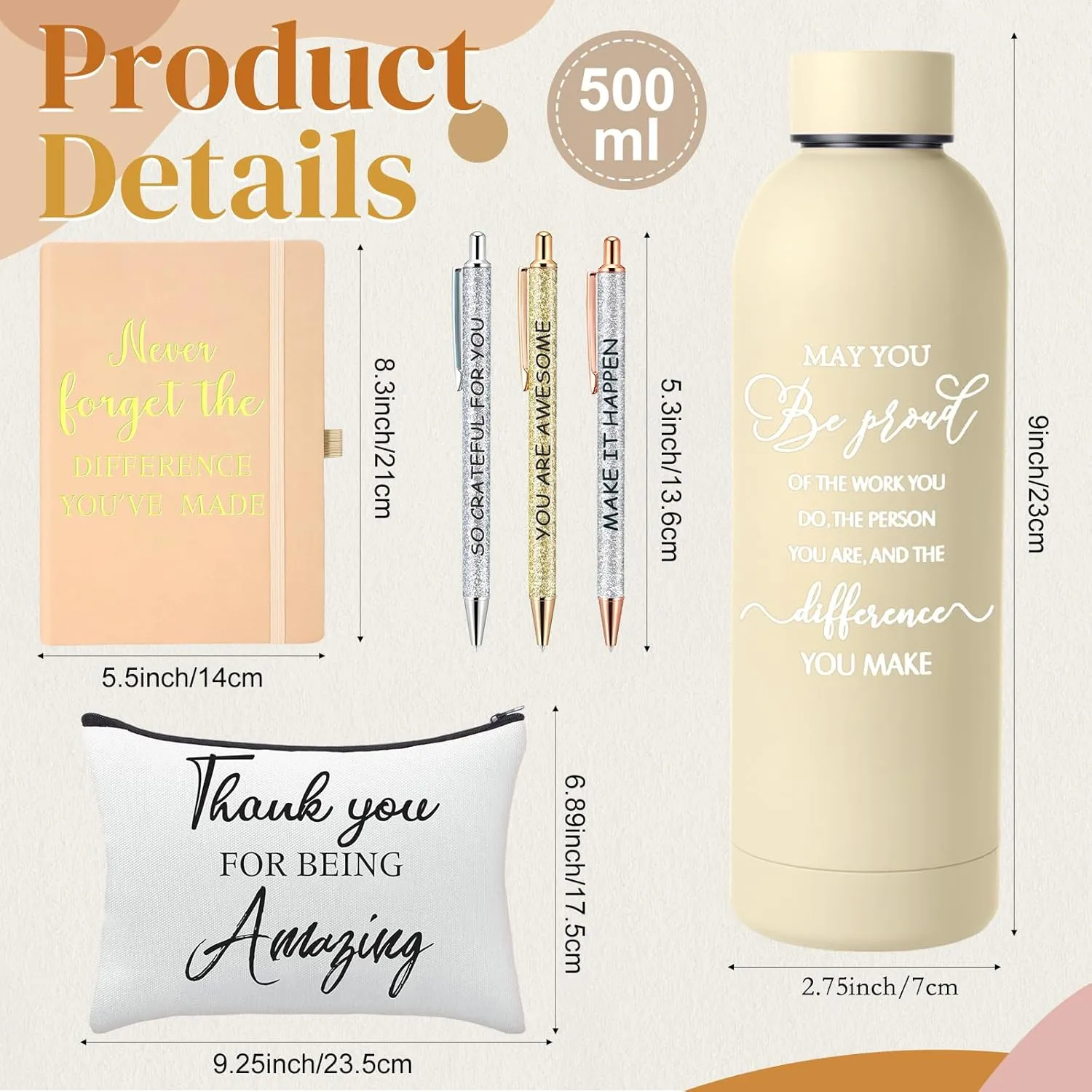 6 Pcs Employee Appreciation Gift Set 17 oz Stainless Steel Frosted Water Bottle Makeup Bag Notebook Ballpoint Pens Graduation Thank You Gift for Teacher Nurse Colleague Social Worker