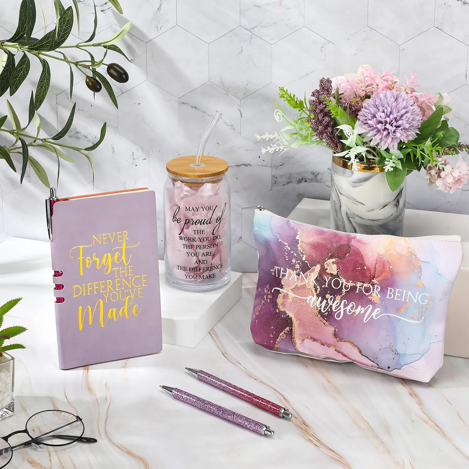 6 Pcs Employee Appreciation Gift Set for Women Thank You Gift May You Be Proud 17 oz Glass Cup Marble Print Makeup Bag Journal Ballpoint for Graduation Coworker Teacher Team Nurse(Purple)