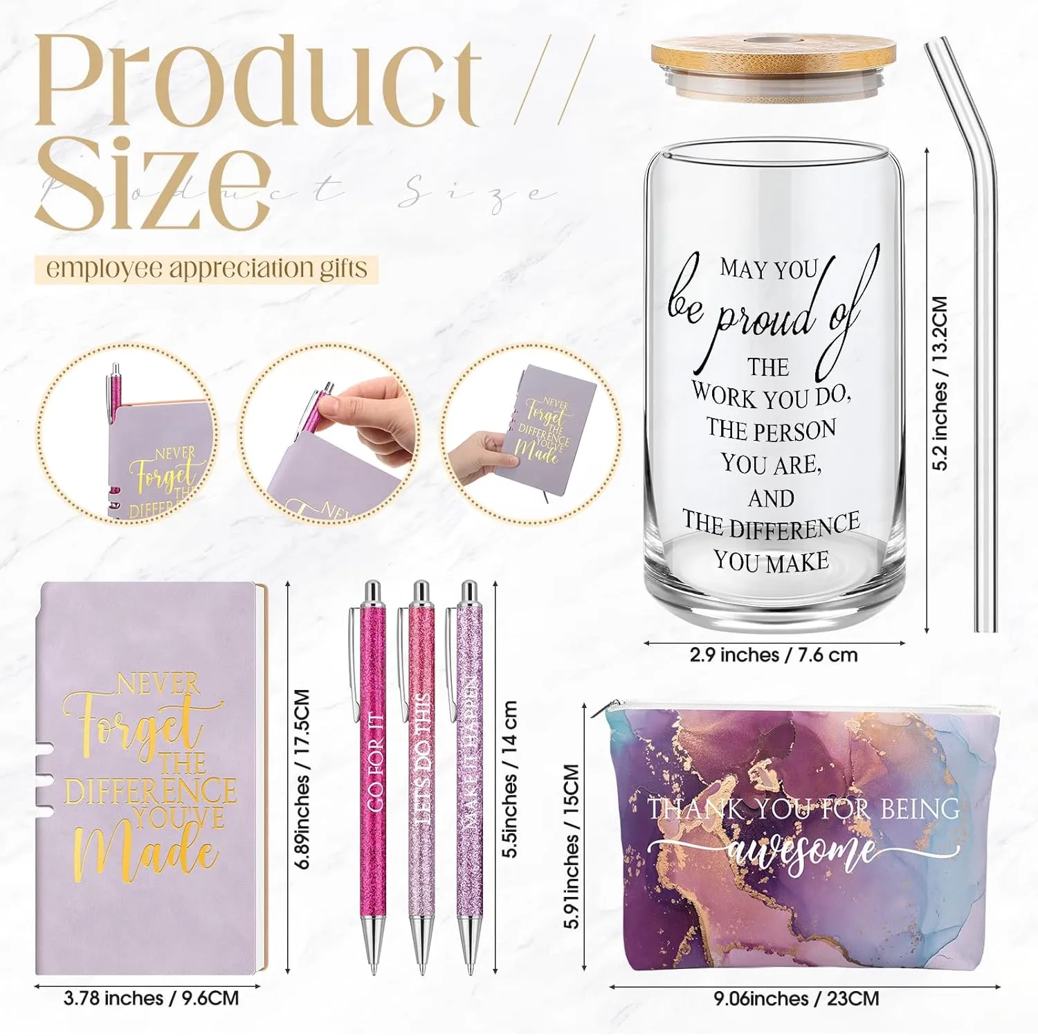 6 Pcs Employee Appreciation Gift Set for Women Thank You Gift May You Be Proud 17 oz Glass Cup Marble Print Makeup Bag Journal Ballpoint for Graduation Coworker Teacher Team Nurse(Purple)