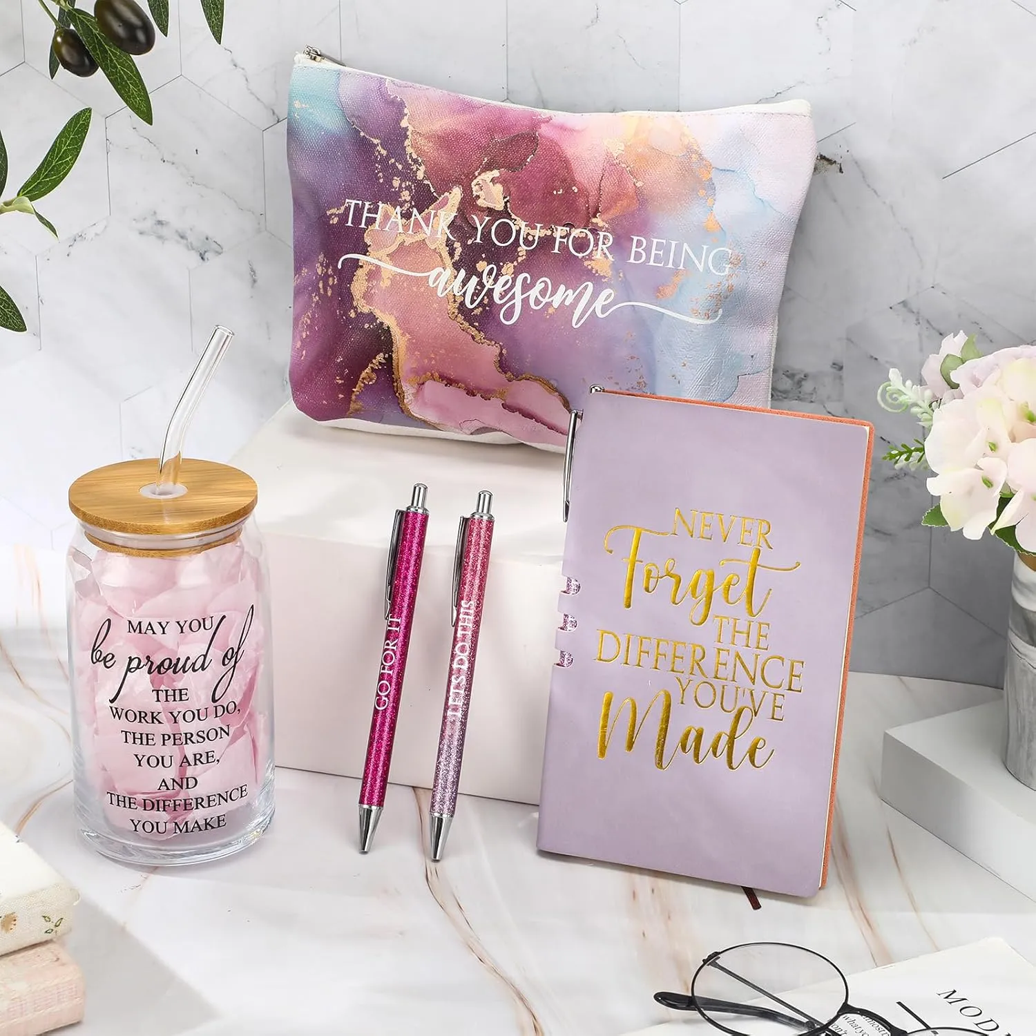 6 Pcs Employee Appreciation Gift Set for Women Thank You Gift May You Be Proud 17 oz Glass Cup Marble Print Makeup Bag Journal Ballpoint for Graduation Coworker Teacher Team Nurse(Purple)
