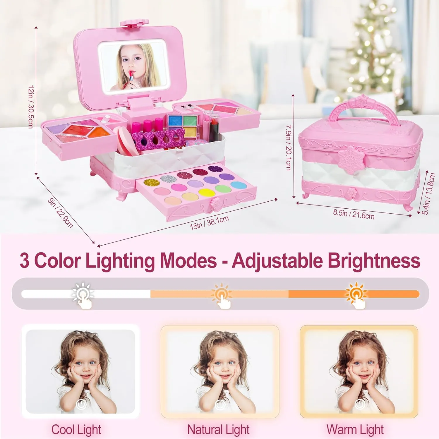 60 in 1 Kids Makeup Kit, with 3-Color Led Makeup Mirror Real Washable Kids Makeup Sets for Girls 5-8, Perfect Girl Birthday Gift, Age 3 