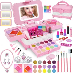 60 in 1 Kids Makeup Kit, with 3-Color Led Makeup Mirror Real Washable Kids Makeup Sets for Girls 5-8, Perfect Girl Birthday Gift, Age 3 