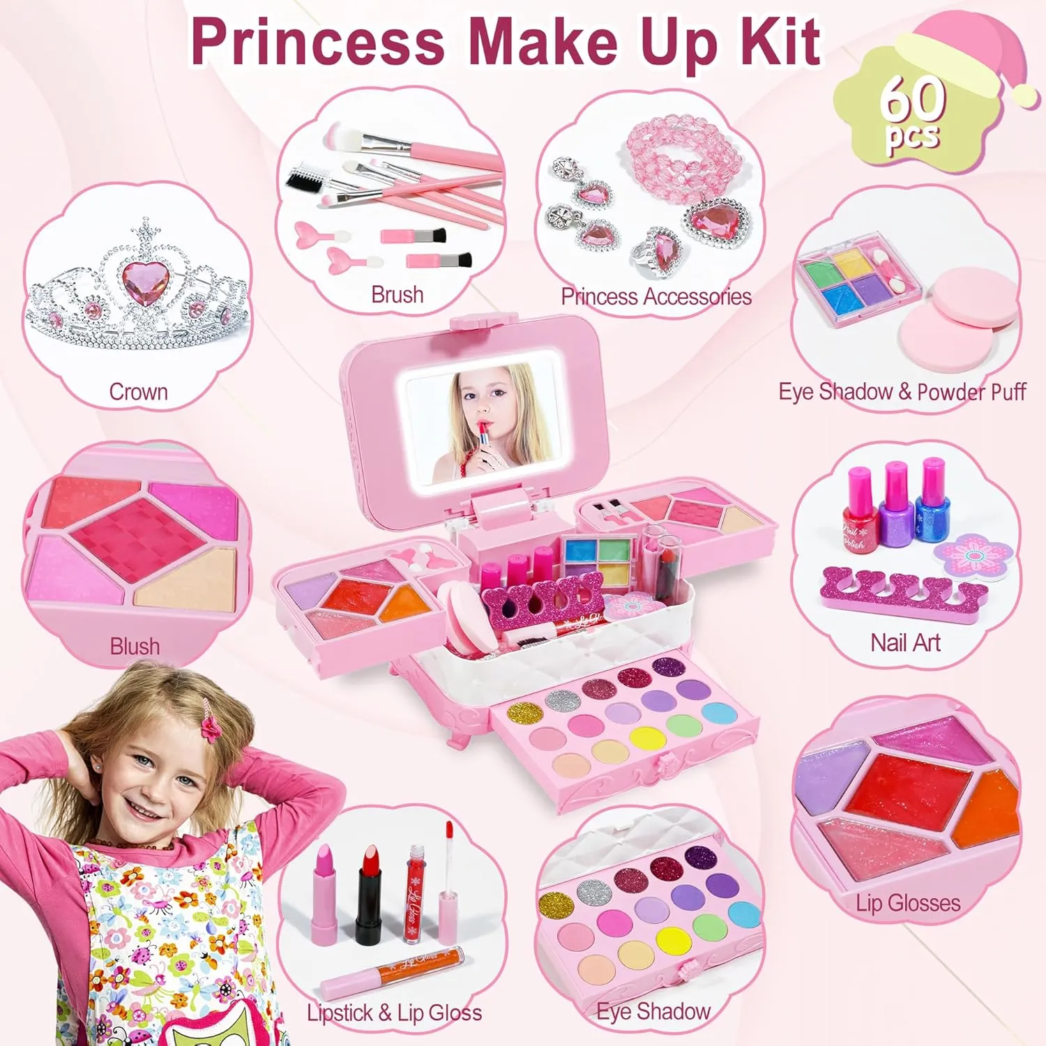 60 in 1 Kids Makeup Kit, with 3-Color Led Makeup Mirror Real Washable Kids Makeup Sets for Girls 5-8, Perfect Girl Birthday Gift, Age 3 