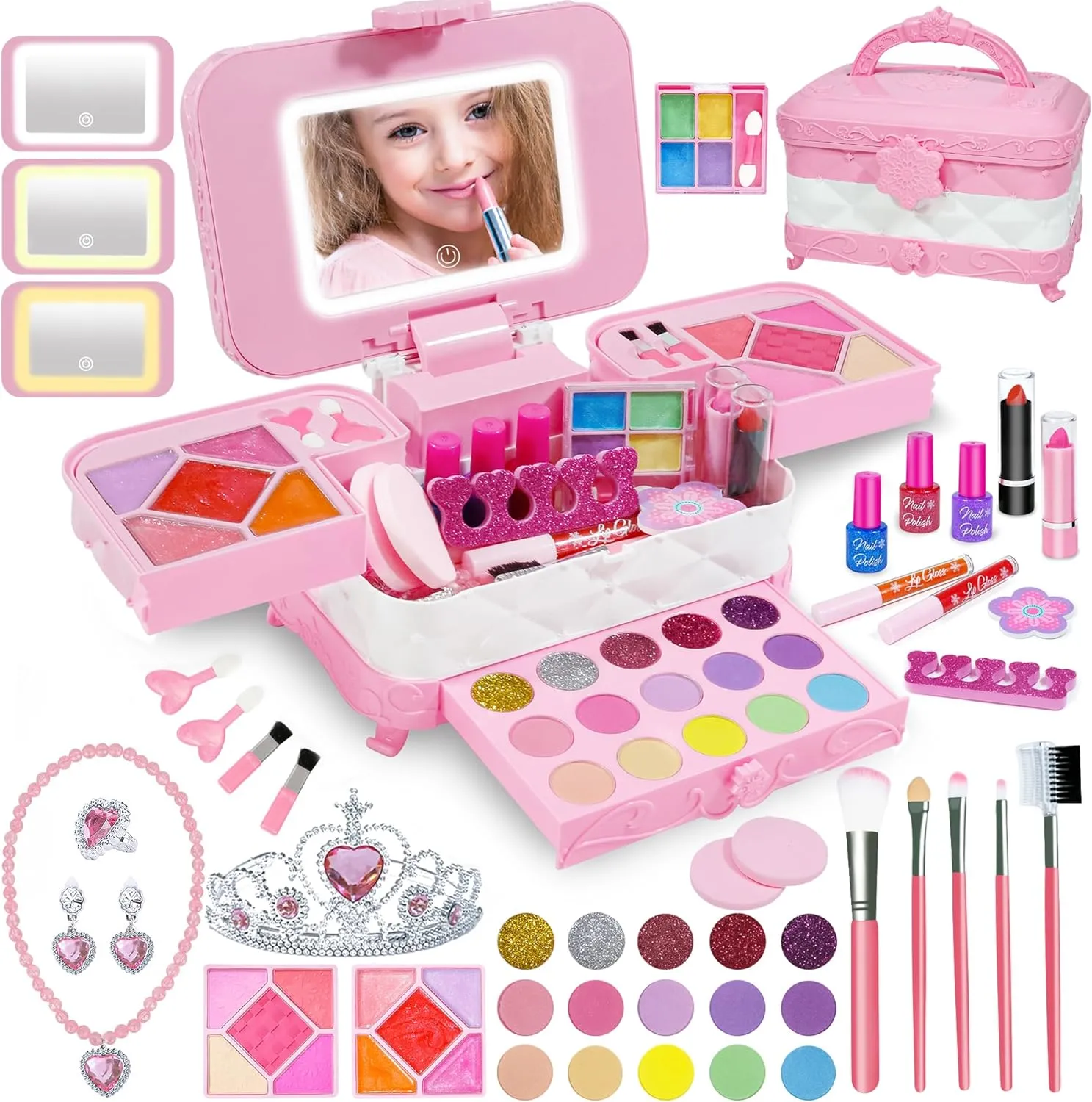 60 in 1 Kids Makeup Kit, with 3-Color Led Makeup Mirror Real Washable Kids Makeup Sets for Girls 5-8, Perfect Girl Birthday Gift, Age 3 