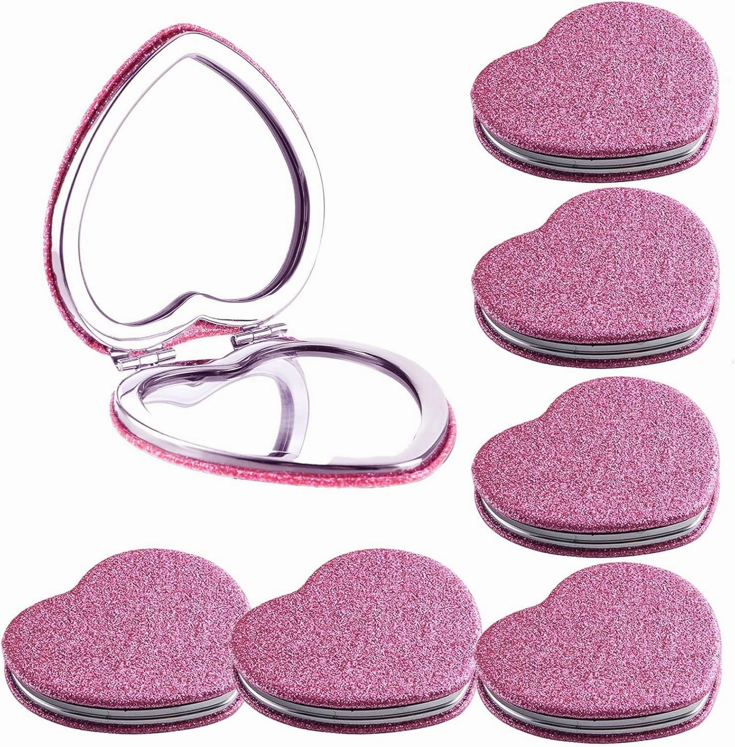 6 Pack Sparkly Pokect Heart Mirror Travel Compact Magnifying Folding Mirror for Purse Mini Vanity Cosmetic Lashes Makeup Mirror Double-Sided Cute Glitter Mirror Pink