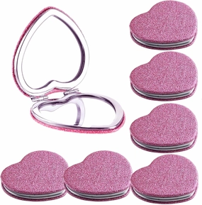 6 Pack Sparkly Pokect Heart Mirror Travel Compact Magnifying Folding Mirror for Purse Mini Vanity Cosmetic Lashes Makeup Mirror Double-Sided Cute Glitter Mirror Pink