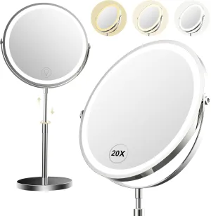 9" Makeup Mirror with Lights, 20X Vanity Mirror with Lights,3 Color Height Adjustable Lighted Makeup Mirror with Magnification, 5000mAh Rechargeable 360° Double Sided LED Mirror for Desk, Women Gift