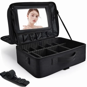 Adazzo Large Makeup Bag, 17” Makeup Train Case Big Make up Nail Bag Organizer Case 3 Layers Artist Travel Organizer Box Tattoo Carrying Cases Vanity Bag with Mirror/Shoulder Strap/Attach to Suitcase