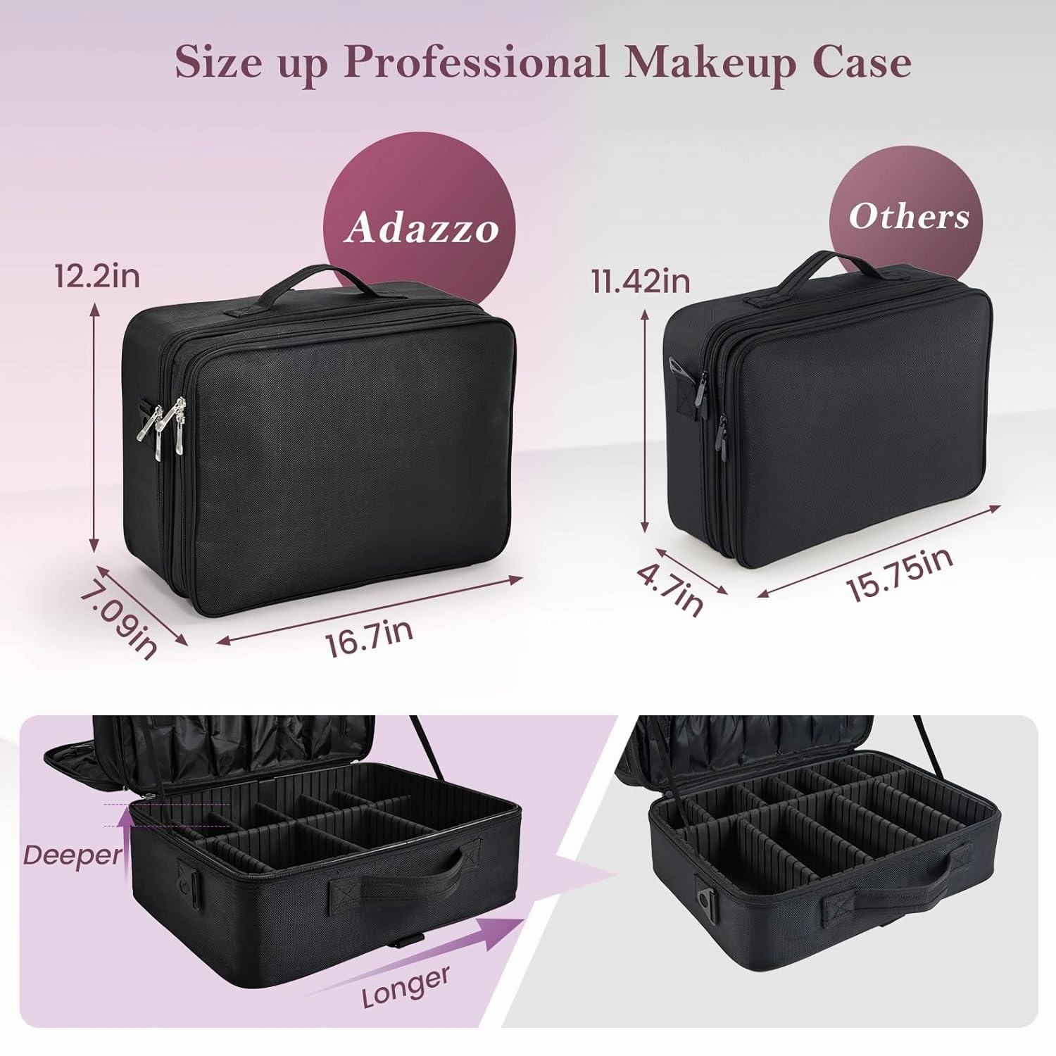 Adazzo Large Makeup Bag, 17” Makeup Train Case Big Make up Nail Bag Organizer Case 3 Layers Artist Travel Organizer Box Tattoo Carrying Cases Vanity Bag with Mirror/Shoulder Strap/Attach to Suitcase