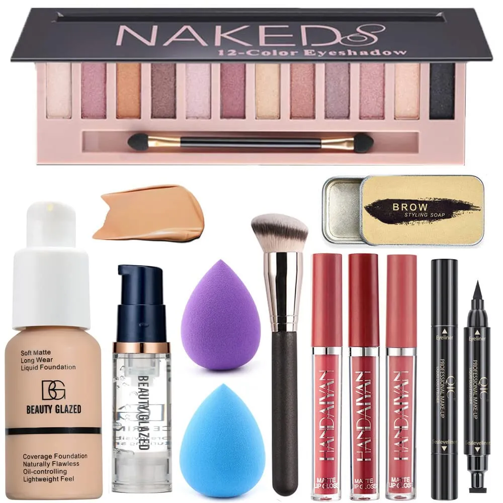 All in One Makeup Kit For Girls12 Colors Matte Shimme Eyeshadow Palette, Buff Beige Foundation Face Primer, Brush, Sponge, Eyebrow Soap Brows Gel, Winged Eyeliner Stamp (SetB)