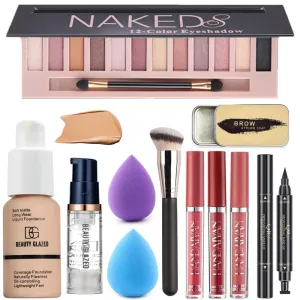 All in One Makeup Kit For Girls12 Colors Matte Shimme Eyeshadow Palette, Buff Beige Foundation Face Primer, Brush, Sponge, Eyebrow Soap Brows Gel, Winged Eyeliner Stamp (SetB)