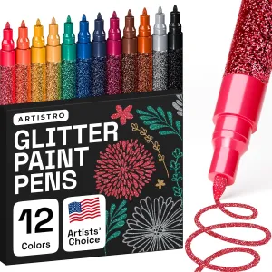 ARTISTRO 12 Glitter Paint Pens Sparkly and Shiny for Rock Painting, Stone, Ceramic, Glass, Wood, Fabric, Scrapbooking, DIY Craft Making, Coloring, Acrylic Glitter Markers Extra-Fine Tip 0.7mm
