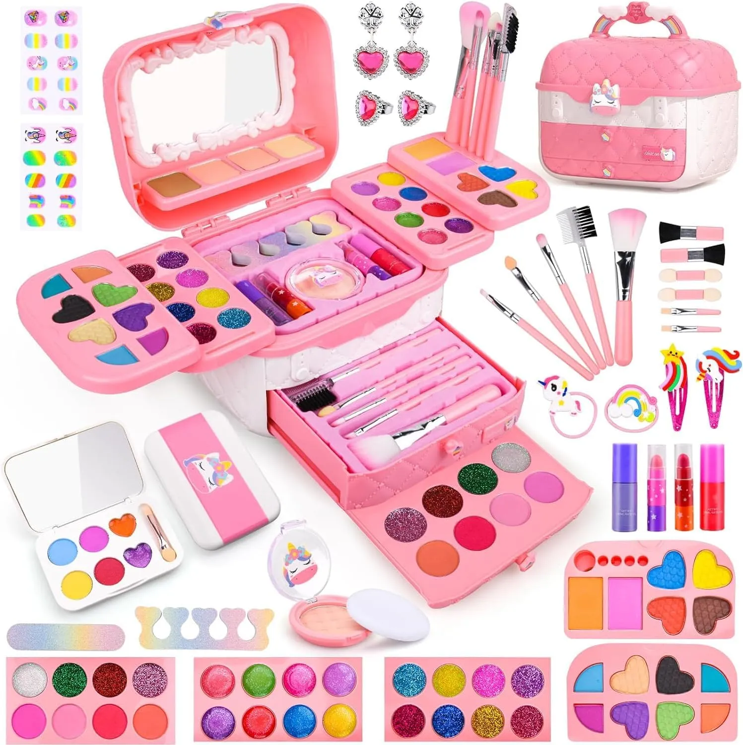 Auney 80 PCS Kids Makeup Kit for 5 6 7 8 Years Old, Unicorn Girls Toy for Little Girls Birthday, Princess Dolls Dress Up Toy for Performance Dance Show Role Play Party