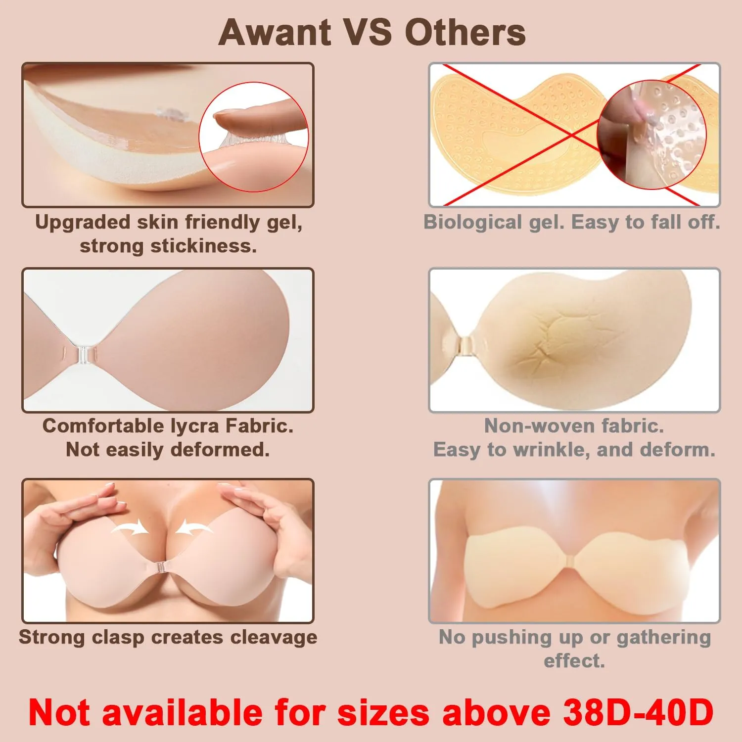 Awant Strapless Sticky Bra Invisible Sticky Boobs Silicone Adhesive Bra Backless Pushup Lift Bra Beige