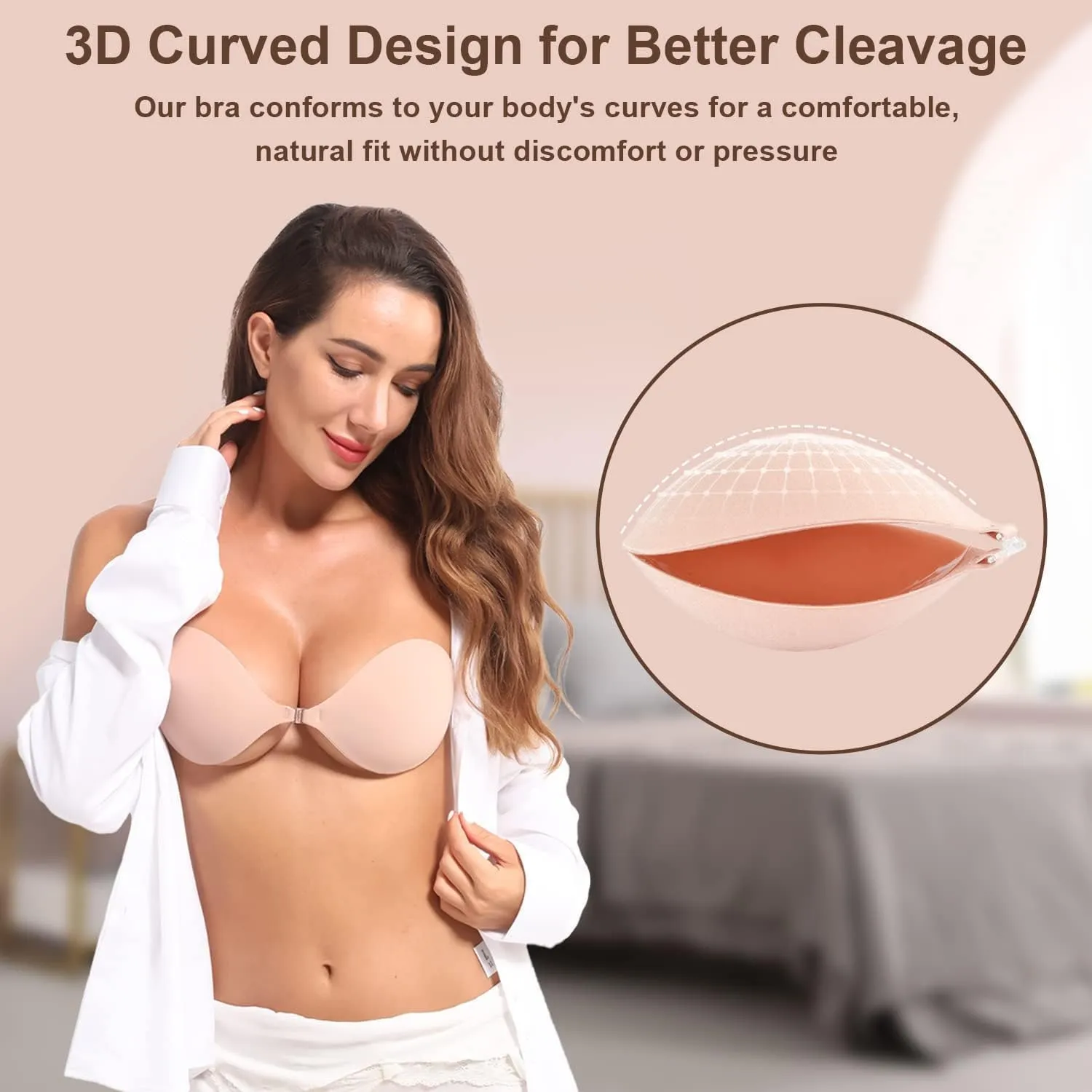 Awant Strapless Sticky Bra Invisible Sticky Boobs Silicone Adhesive Bra Backless Pushup Lift Bra Beige