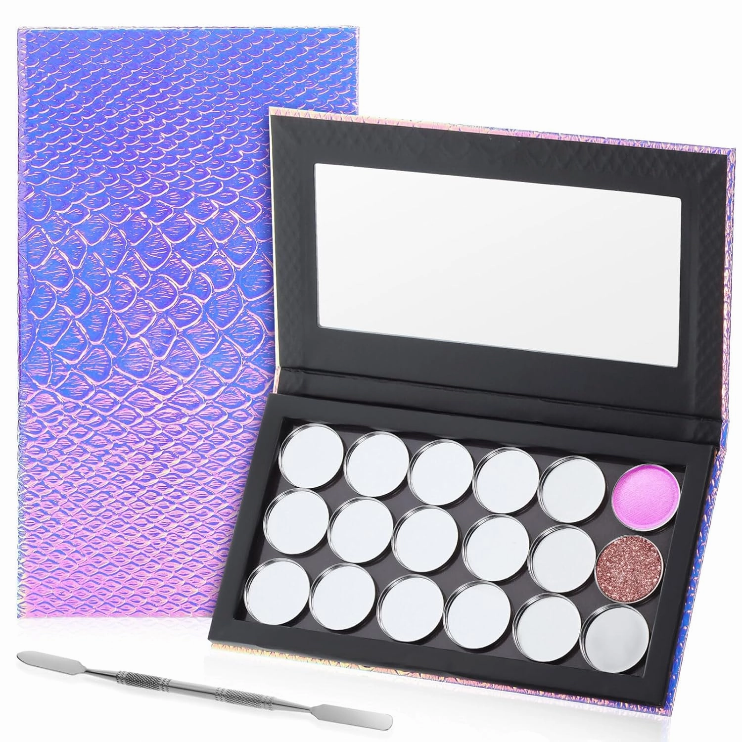 Beaupretty Empty Eyeshadow Palette Mermaid Makeup Palette with Mirror Round Metal Pans and Depotting Spatula