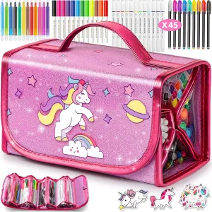 beefunni Unicorn Markers Set for Kids, Arts Supplies 67 pcs with Glitte Pencil Case and Strap, Birthday Gift for Girls 4 5 6 7 8 Years Old, Arts and Crafts Coloring Set for Kids 4-8