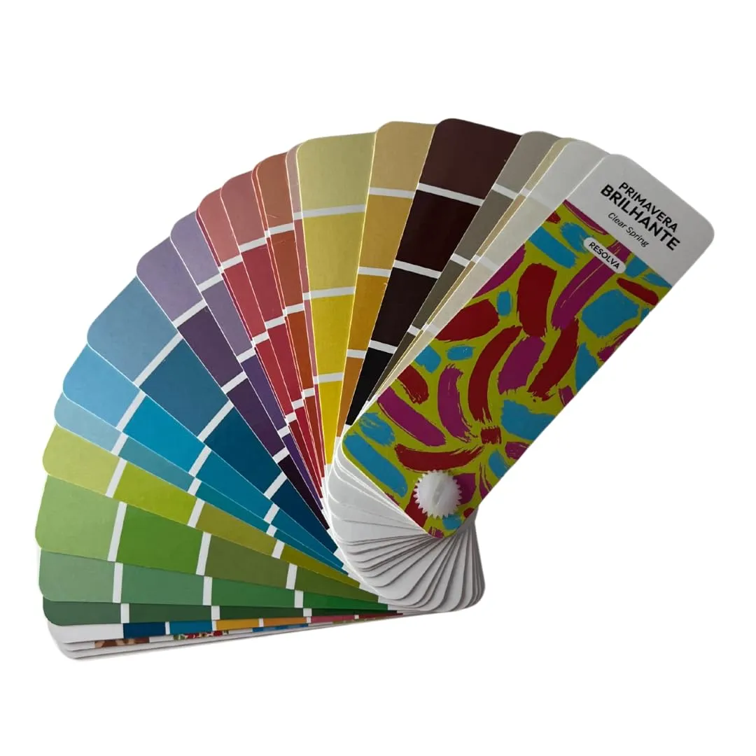Bilingual Clear Spring Palette Color Fan by Resolva Meu Look, Personalized Guide for Cost Saving, Smart Shopping, Outfit & Wardrobe Planning; Primavera Brilhante/Primavera Intensa