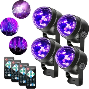 Black Lights for Glow Party, 6W Disco Ball LED Party Lights Sound Activated with Remote Control, 7 Modes Stage Light for Party Halloween Decorations Birthday Party DJ Bar Xmas(4 pcs)