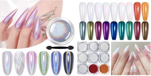 BORN PRETTY 9 Jars Chrome Nail Powder with 1 Jar Silver Holographic Chrome Nail Powder