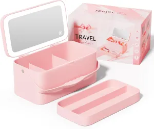 Buqikma Makeup Mirror with 3-Color LED Lights & Layered Storage Rechargeable Vanity Mirror with Compartments Travel Makeup Organizer Gift for Women (Pink)