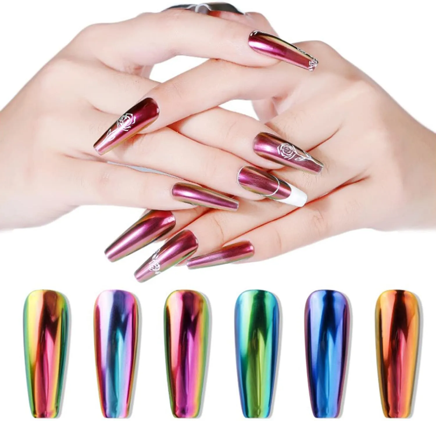 Chrome Nail Powder Pen - RoseFlower 6 Pcs Air Cushion Nail Powder Pen with Mirror Effect Glitter Nail Art Pens Eyeshadow Pens Nail Art Design Decoration Nails DIY Nail Art Manicure Tool