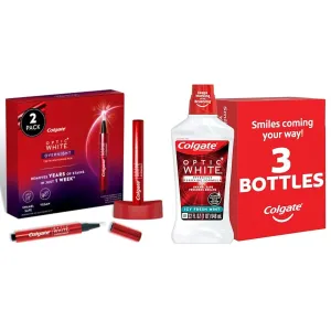 Colgate Optic White Overnight Teeth Whitening Pen, Enamel Safe and Vegan, Teeth Stain Remover & Optic White Whitening Mouthwash, 2% Hydrogen Peroxide, Fresh Mint, 32 Ounce, 3 Pack
