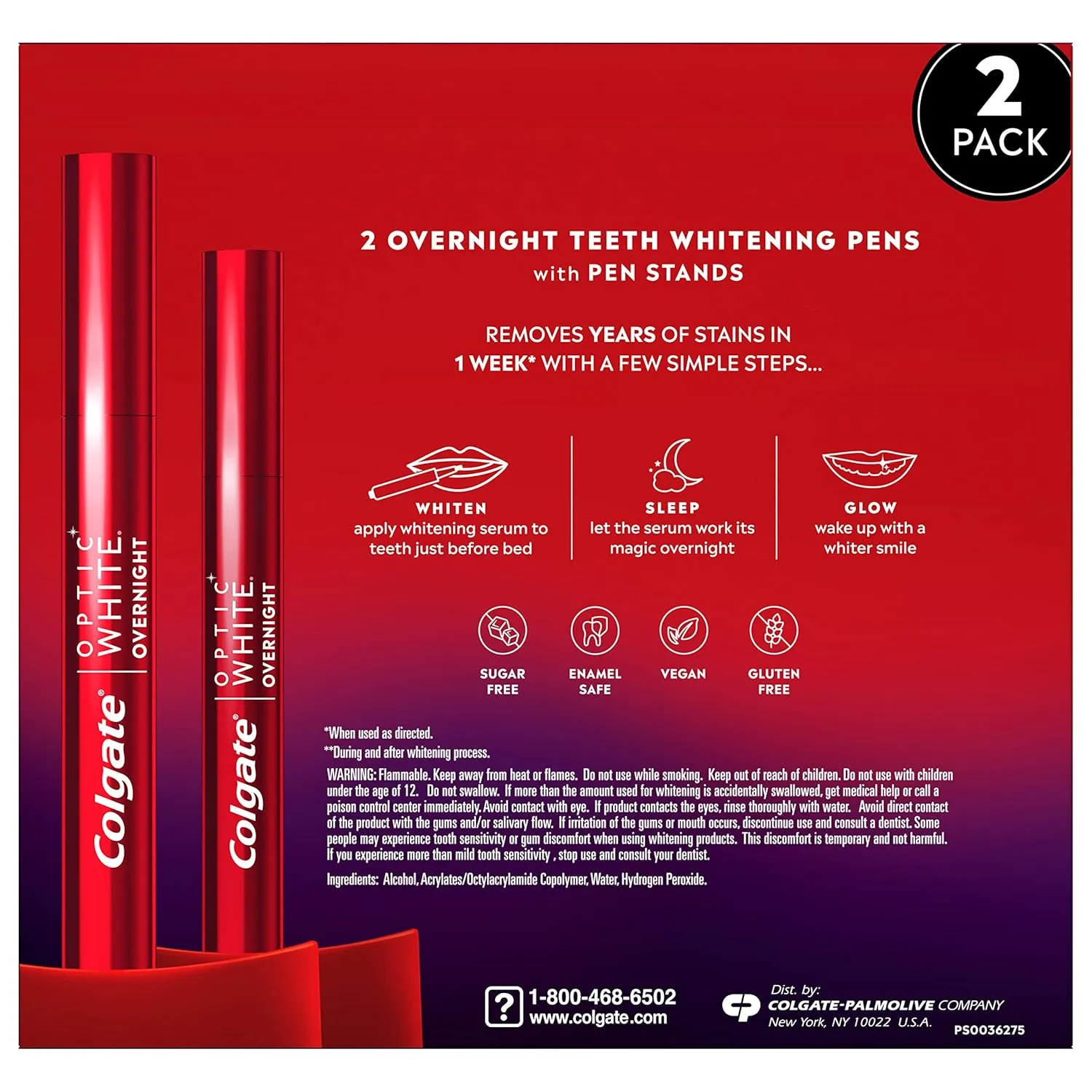 Colgate Optic White Overnight Teeth Whitening Pen, Enamel Safe and Vegan, Teeth Stain Remover to Whiten Teeth, Teeth Whitening for Sensitive Teeth, 35 Nightly Treatments Per Pen, 0.08 Oz,2 Pack