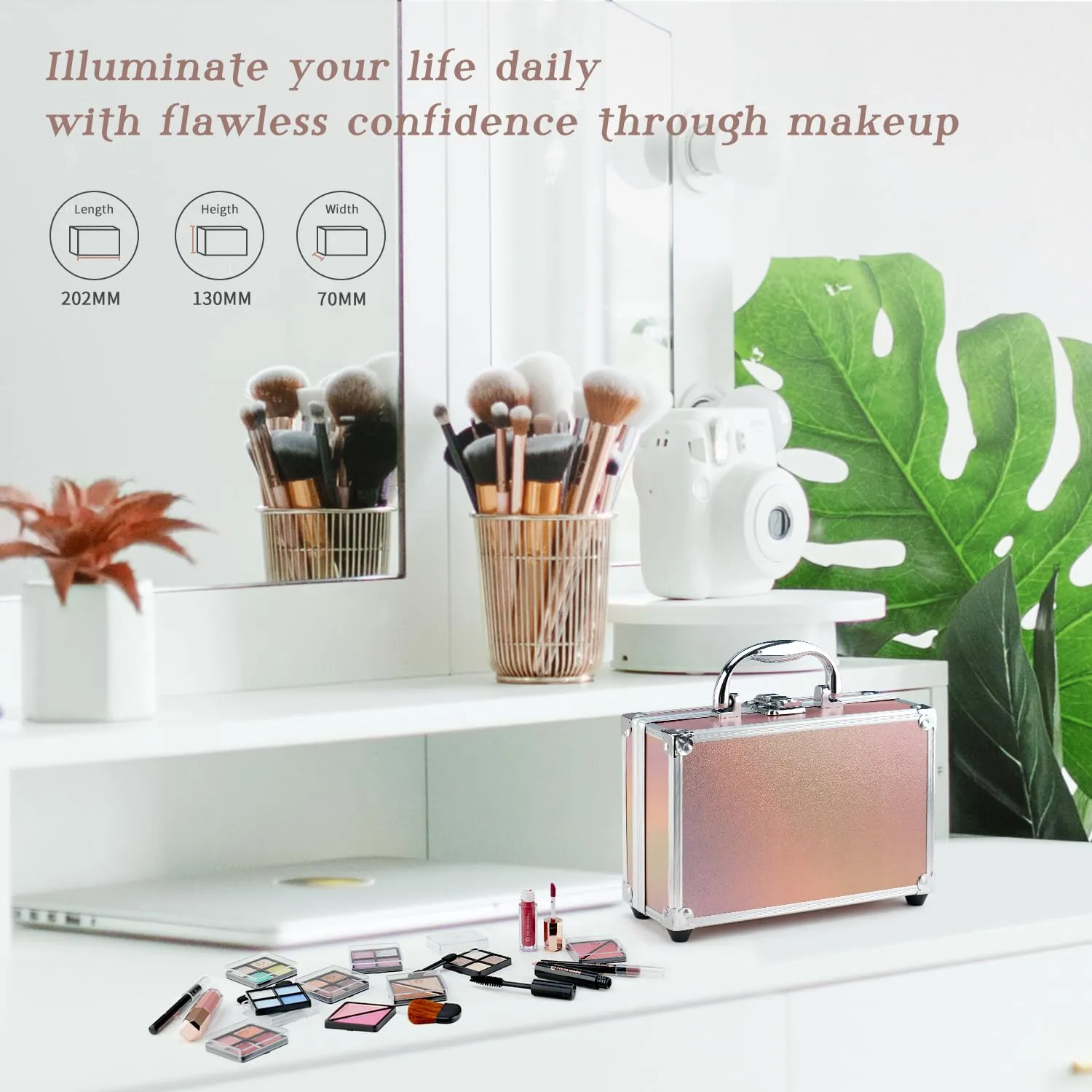 Color Nymph Beginner Makeup Kits For Teens With Train Case Included Full Makeup Kit Eyeshadow Palette Blushes Bronzer Highlighter Lipstick Brushes Mirror（Gold）