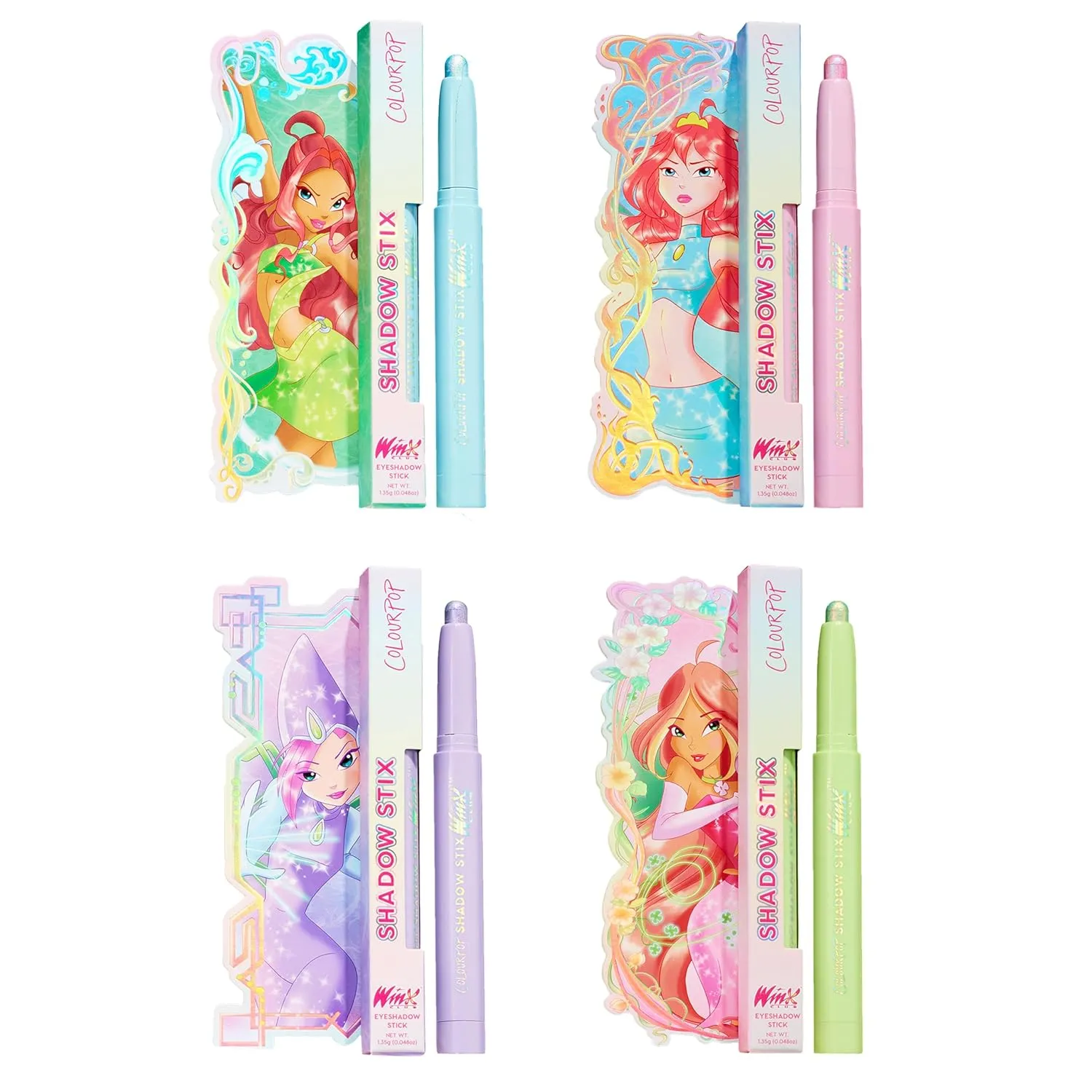 Colourpop Winx Club Shadow Stix - Cream Eyeshadow Stick with Long-Lasting Color - Morphix Shield, Fury of The Dragon, Static Sphere, Golden Pollen (Pack of 4, 0.5 oz each)