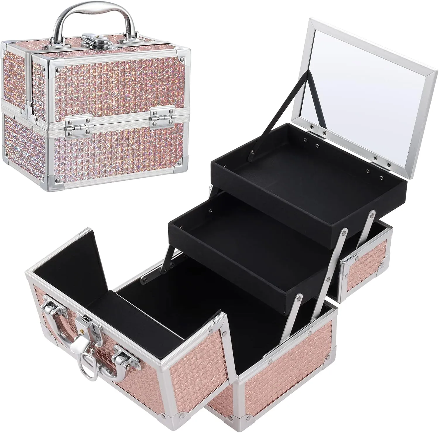 Costravio Girls Makeup Box Organizer with Mirror, Make Up Case for Girls Make up Box for Kids Pretend Makeup Case Organizer with Lock and Key, Hard Train Case for Nail Jewelry, Shiny Pink