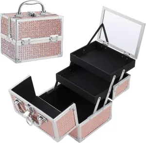 Costravio Girls Makeup Box Organizer with Mirror, Make Up Case for Girls Make up Box for Kids Pretend Makeup Case Organizer with Lock and Key, Hard Train Case for Nail Jewelry, Shiny Pink