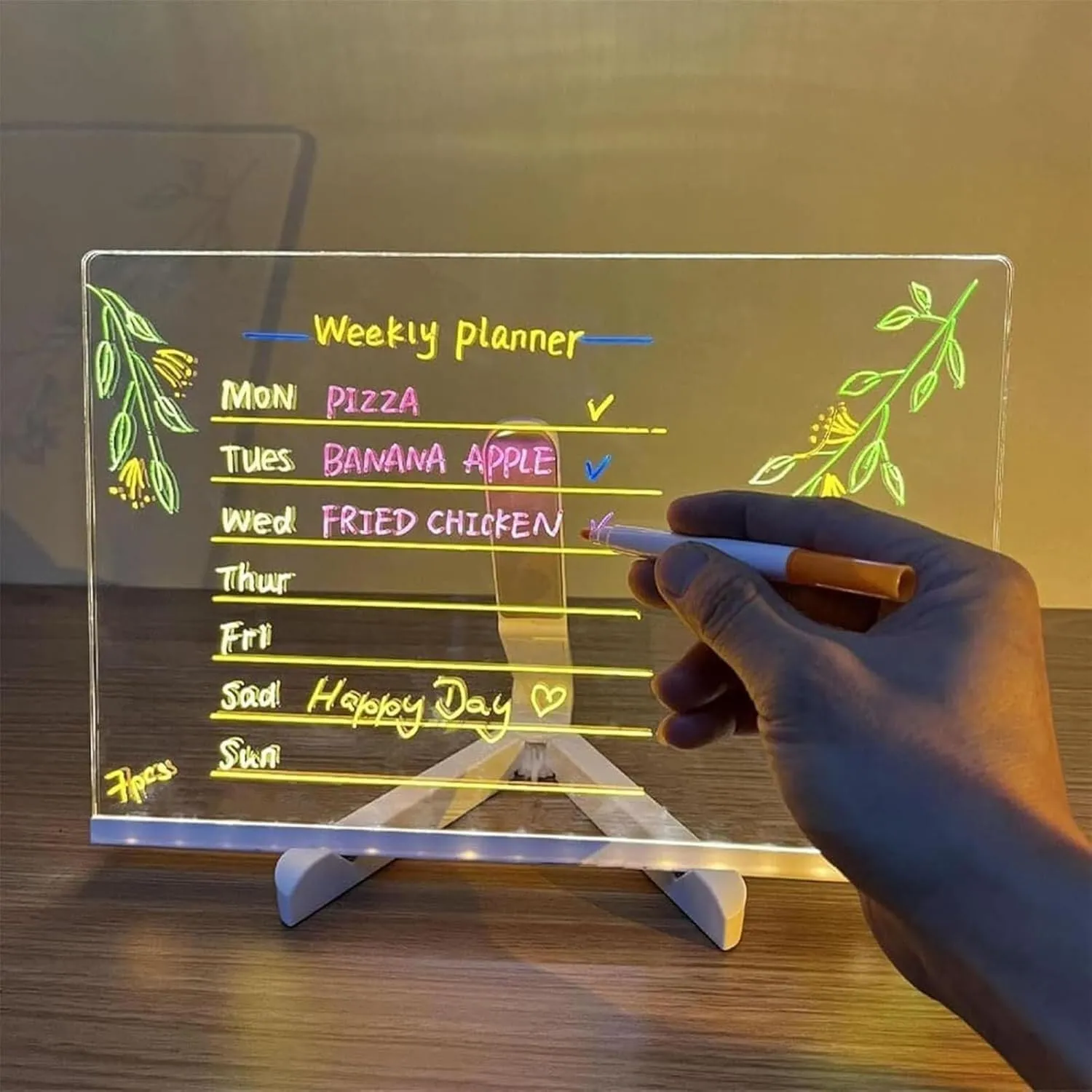 Creative Magic Light Writing Board with Adjustable Holder and 7 Colorful Pens for Room/Store/Office/Festival/Gift(11.8 * 7.9 in)