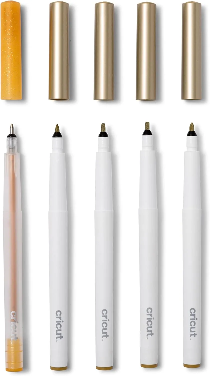 Cricut Multi Pen Set, Gold (5 ct) - For Explore, Maker, & Venture Machines - Includes Gold Glitter Gel Pen, Marker, & Calligraphy Markers