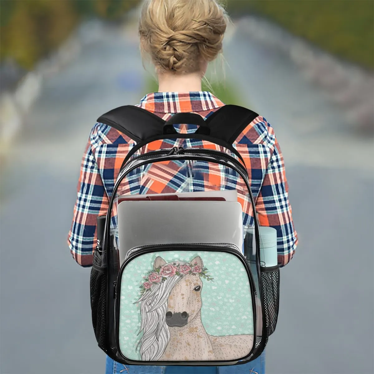 Customizable Clear Backpack for Women Men,Clear Bag for Stadium Events With Waterproof PVC Plastic Material,Abstract Horse - L