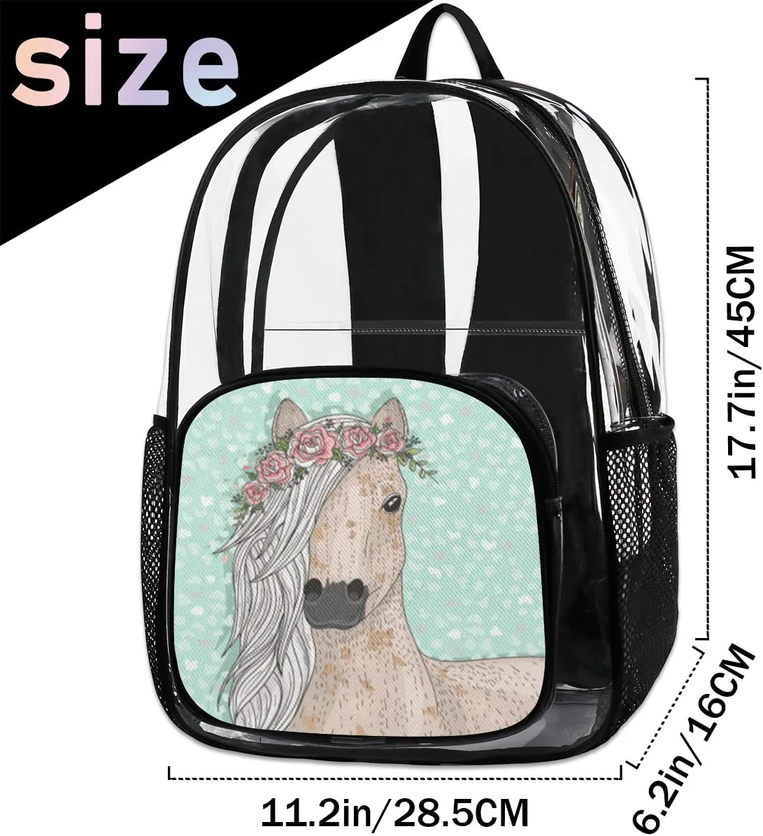 Customizable Clear Backpack for Women Men,Clear Bag for Stadium Events With Waterproof PVC Plastic Material,Abstract Horse - L