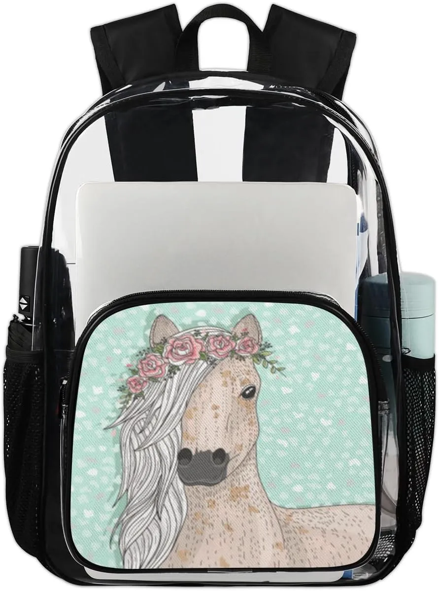 Customizable Clear Backpack for Women Men,Clear Bag for Stadium Events With Waterproof PVC Plastic Material,Abstract Horse - L