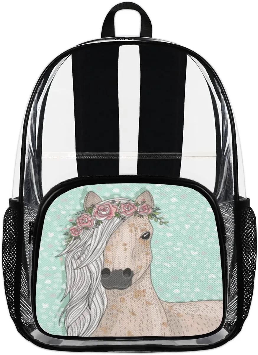 Customizable Clear Backpack for Women Men,Clear Bag for Stadium Events With Waterproof PVC Plastic Material,Abstract Horse - L