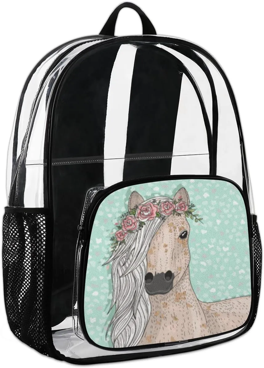 Customizable Clear Backpack for Women Men,Clear Bag for Stadium Events With Waterproof PVC Plastic Material,Abstract Horse - L