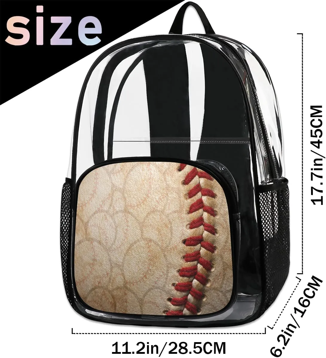 Customizable Clear Backpack for Women Men,Clear Bag for Stadium Events With Waterproof PVC Plastic Material,Baseball Ball - L